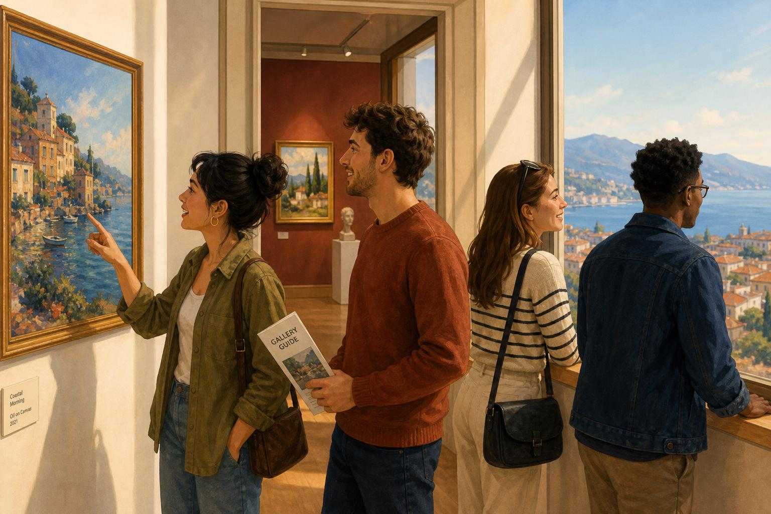 Illustrated art gallery and sightseeing scene with travelers admiring artworks and a view in Italy