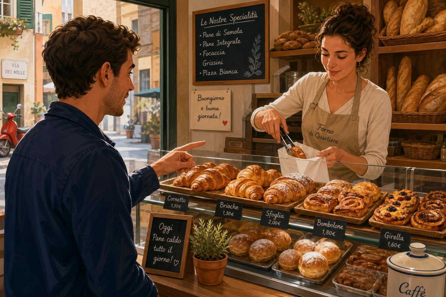 Illustrated bakery counter scene showing a customer ordering bread and pastries in Italian.