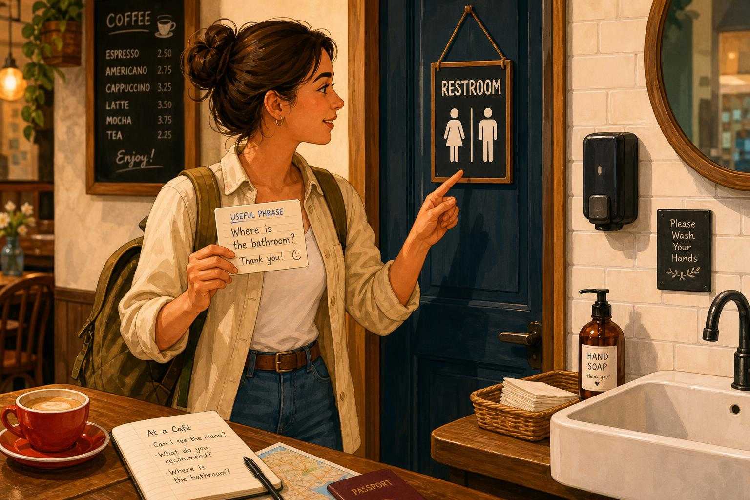 Illustration of a traveler asking for the bathroom in a café and seeing restroom facilities