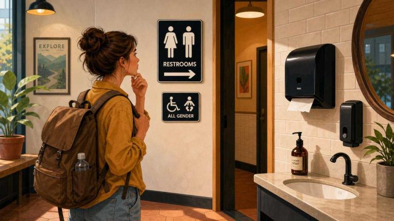 Illustration of a traveler in a public restroom area with signs, a sink, soap, and paper towel dispenser