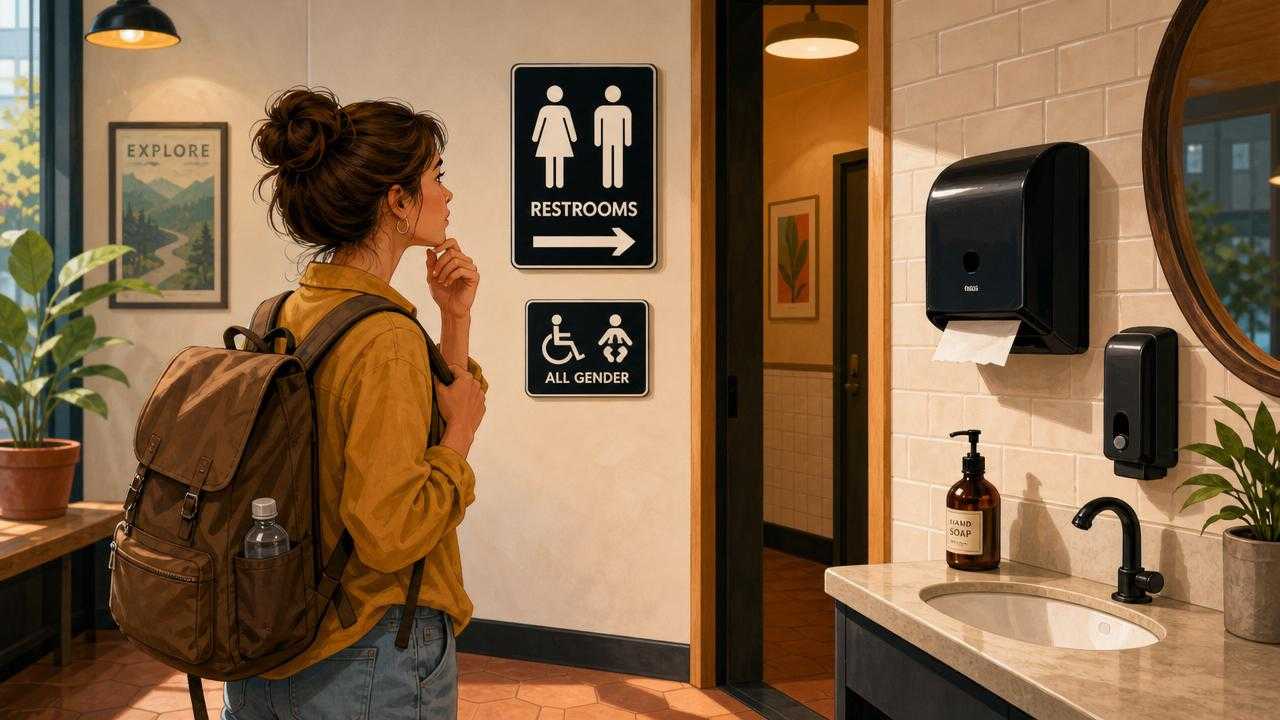 Illustration of a traveler in a public restroom area with signs, a sink, soap, and paper towel dispenser