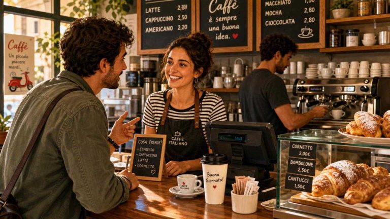Illustration of an Italian café counter with coffee being ordered and prepared