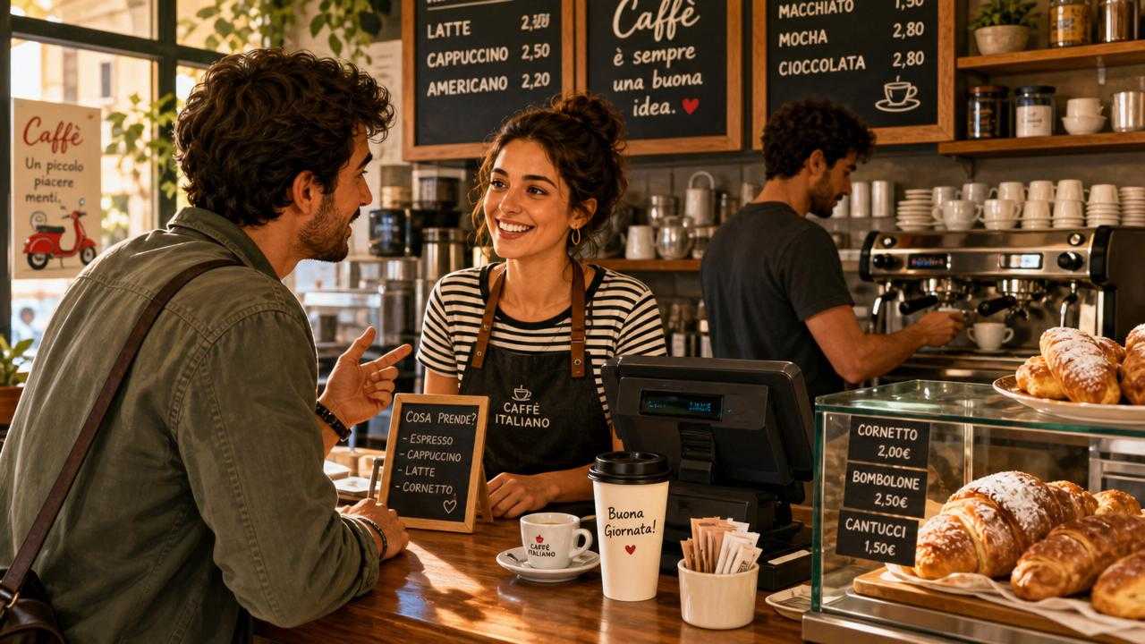 Illustration of an Italian café counter with coffee being ordered and prepared