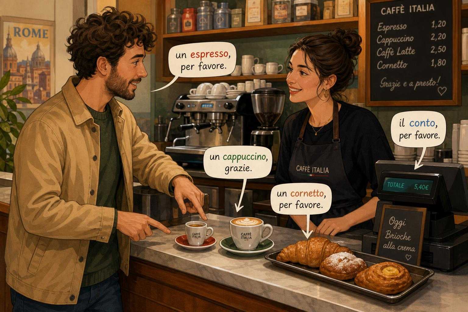 Illustration of a customer ordering coffee at an Italian café counter