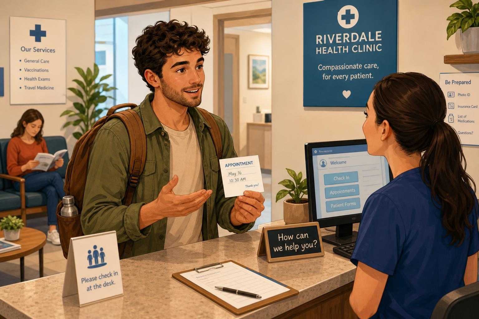 Illustration of a traveler asking for help at an Italian clinic reception desk.