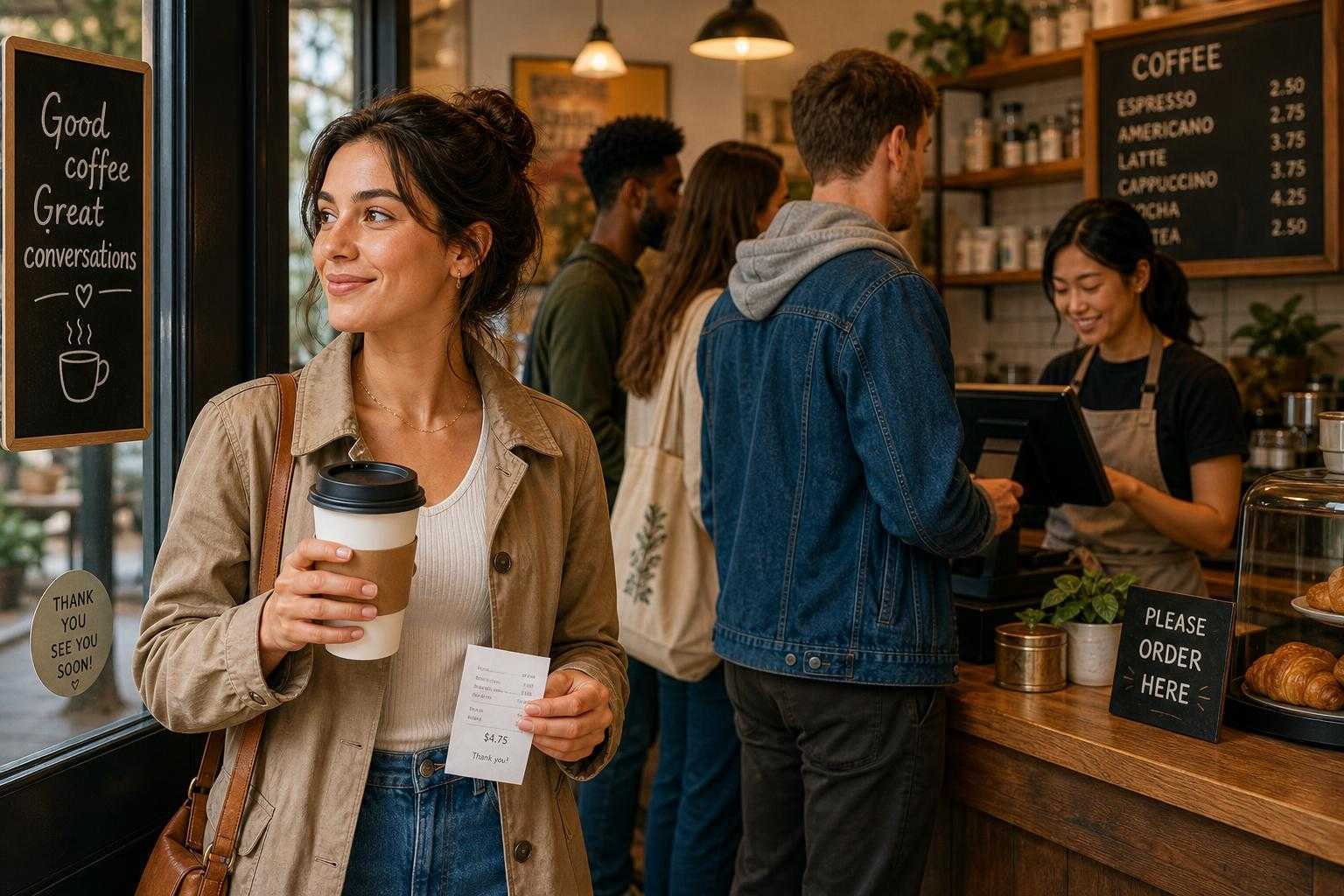 Illustration of takeaway coffee and payment at an Italian café