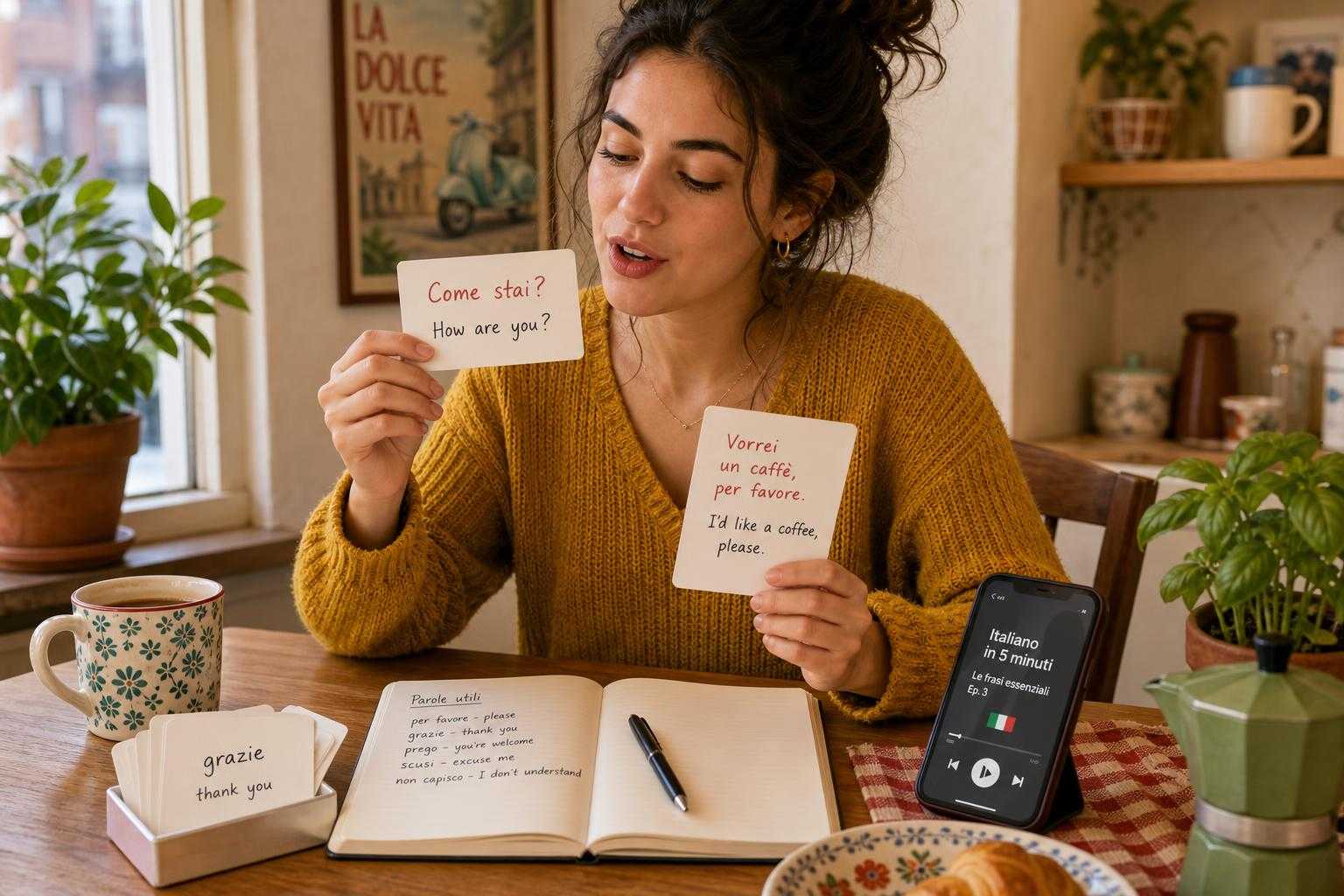 Illustration of a simple 10-minute Italian study routine at a kitchen table with flashcards and a phone audio lesson