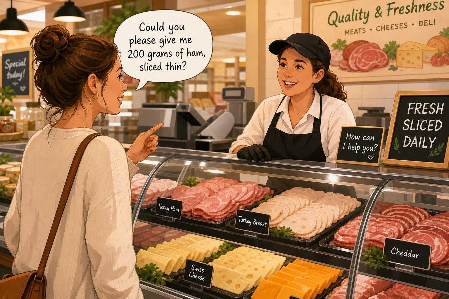 Illustrated deli counter scene showing a customer ordering sliced meat and cheese in Italian.