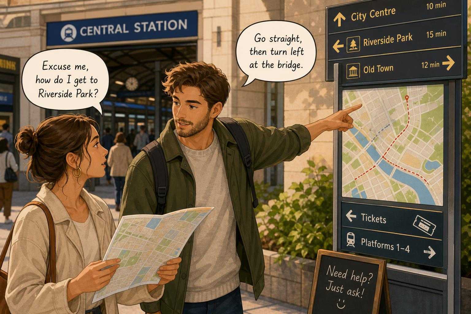 Illustration of a short directions conversation near a train station in Italy