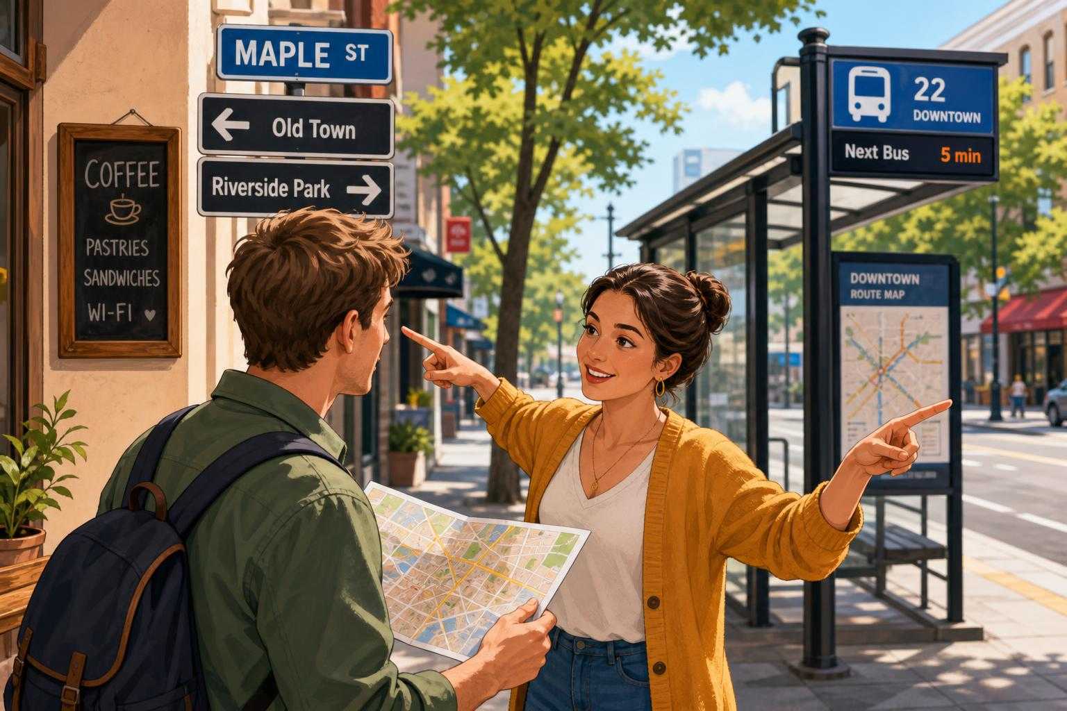 Illustration of a traveler asking for directions on an Italian street
