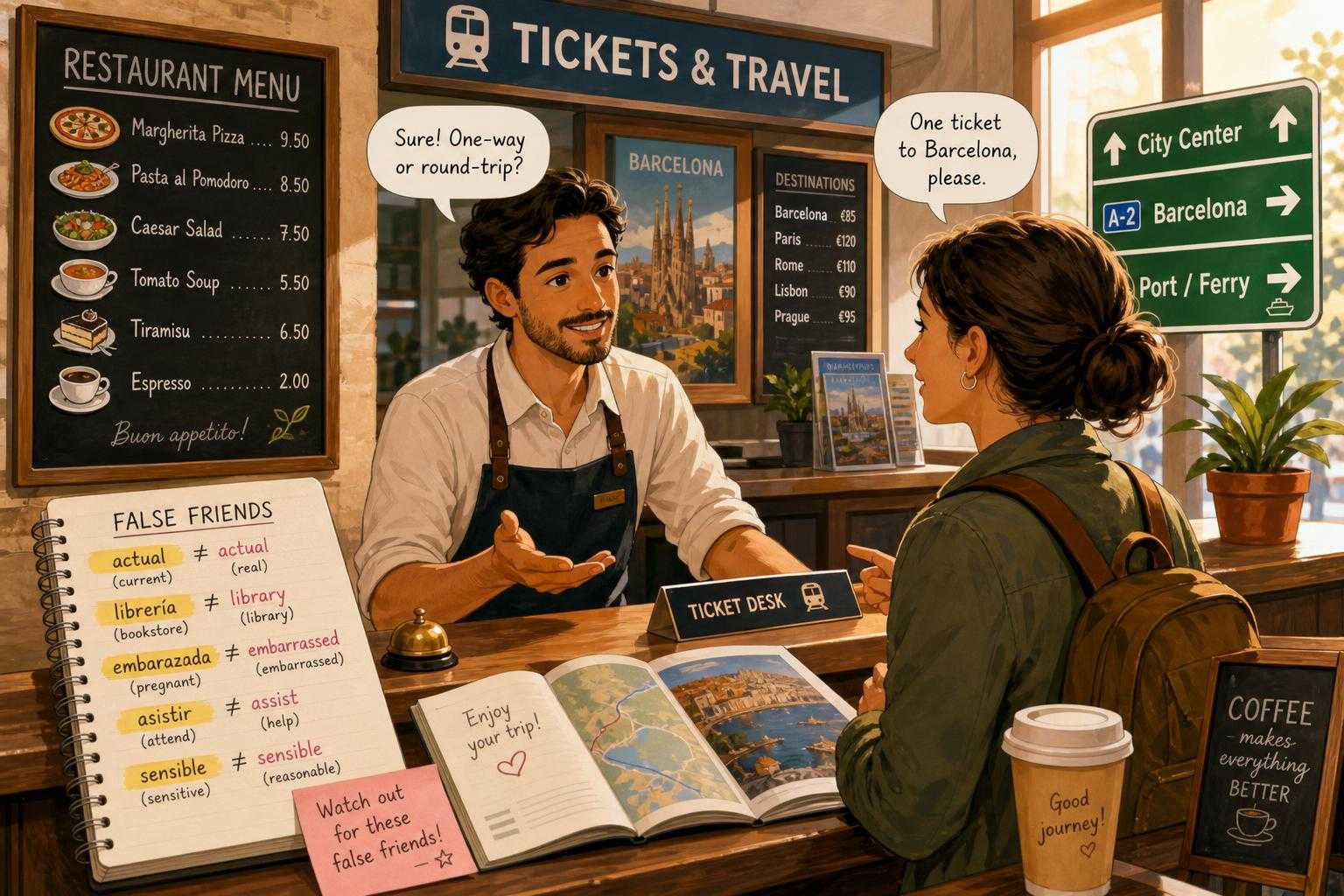 Illustration of everyday travel, food, and politeness situations that feature Italian French false friends