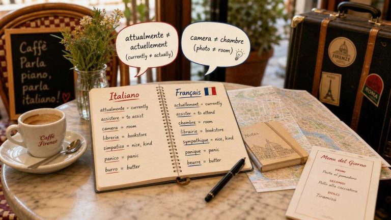 Illustrated scene of Italian and French vocabulary notes beside travel items and a menu, representing false friends between the two languages