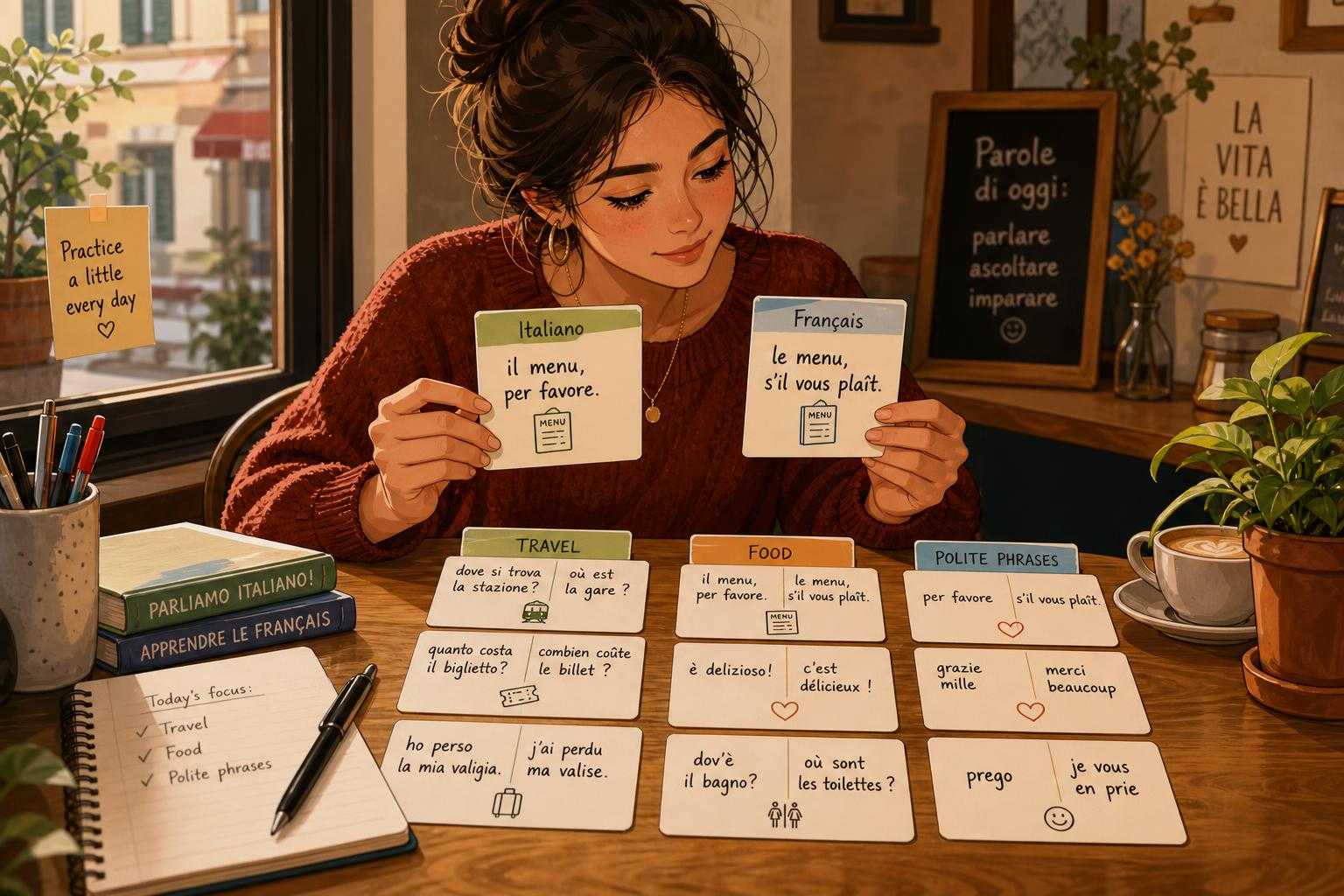 Illustration of Italian and French false friend flashcards grouped by daily situations