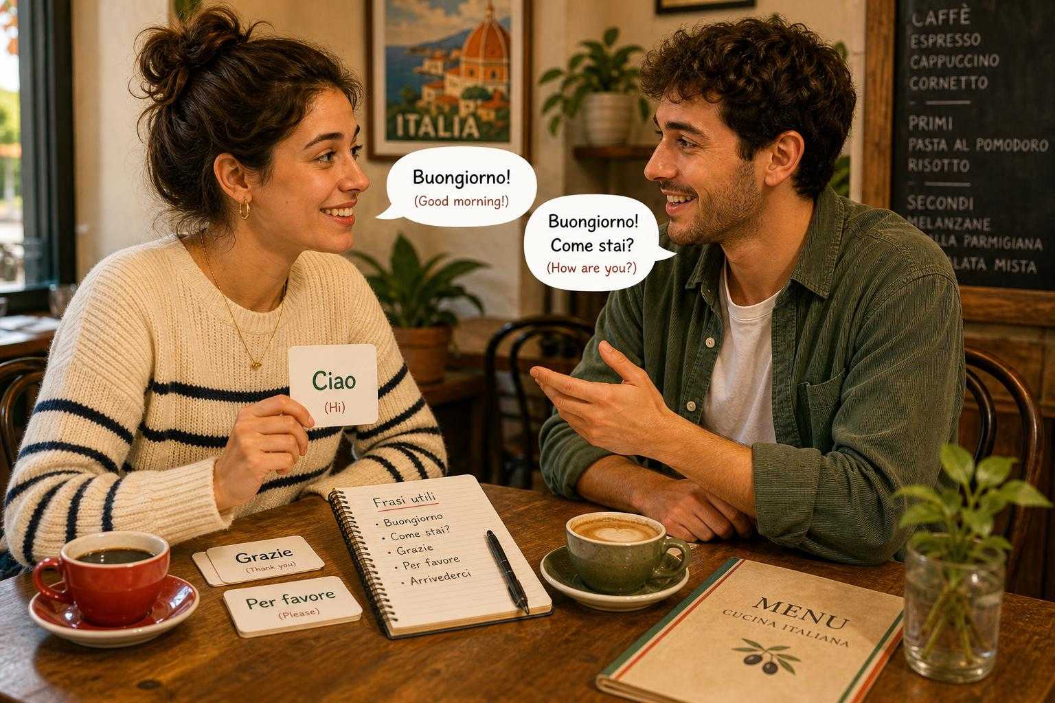 Illustration of a beginner practicing Italian greetings and small talk with flashcards at a table.