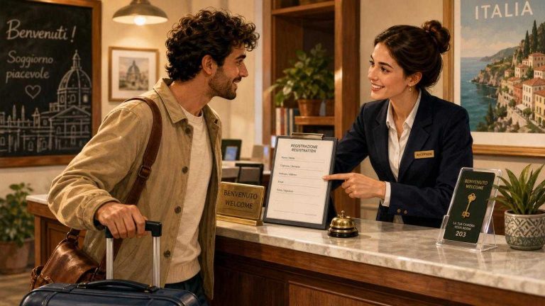 Traveler checking in at an Italian hotel reception desk with luggage and a front desk host