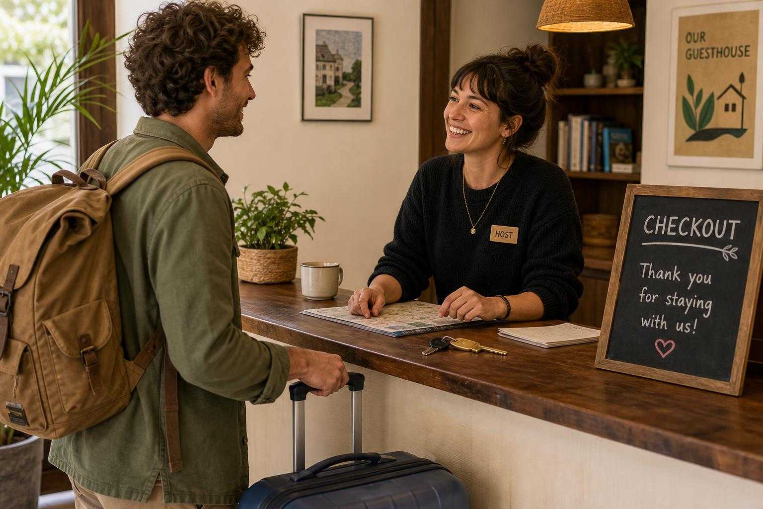 Traveler asking for late check-out and luggage storage at an Italian guesthouse