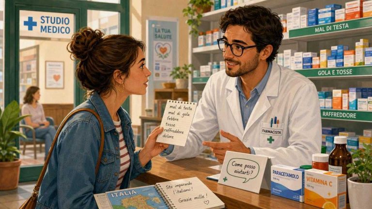 Illustrated scene of a traveler asking for medical help in an Italian pharmacy with a doctor’s office in the background.