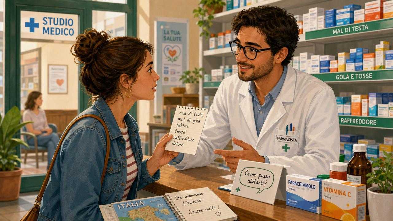 Illustrated scene of a traveler asking for medical help in an Italian pharmacy with a doctor’s office in the background.