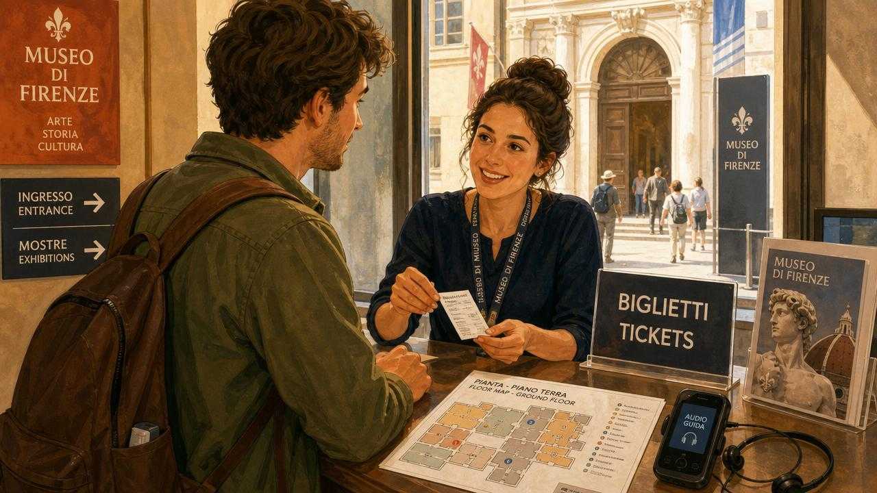 Illustrated museum ticket desk scene with a traveler asking for tickets and guided tour information in Italy