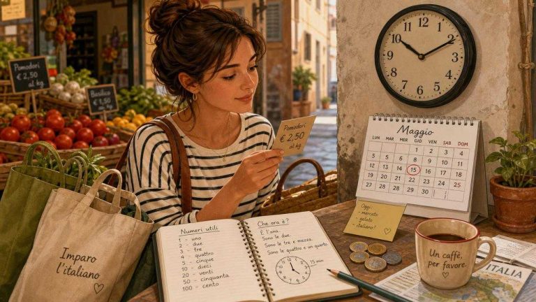 Illustrated scene of an Italian learner asking about prices and checking the time while shopping