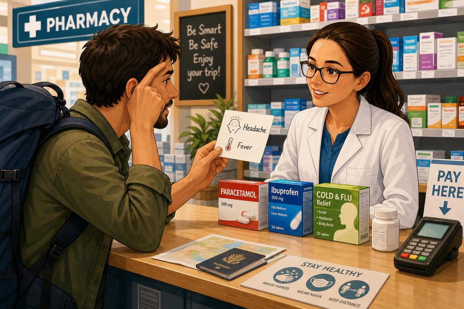 Illustration of a traveler asking for medicine at an Italian pharmacy counter.