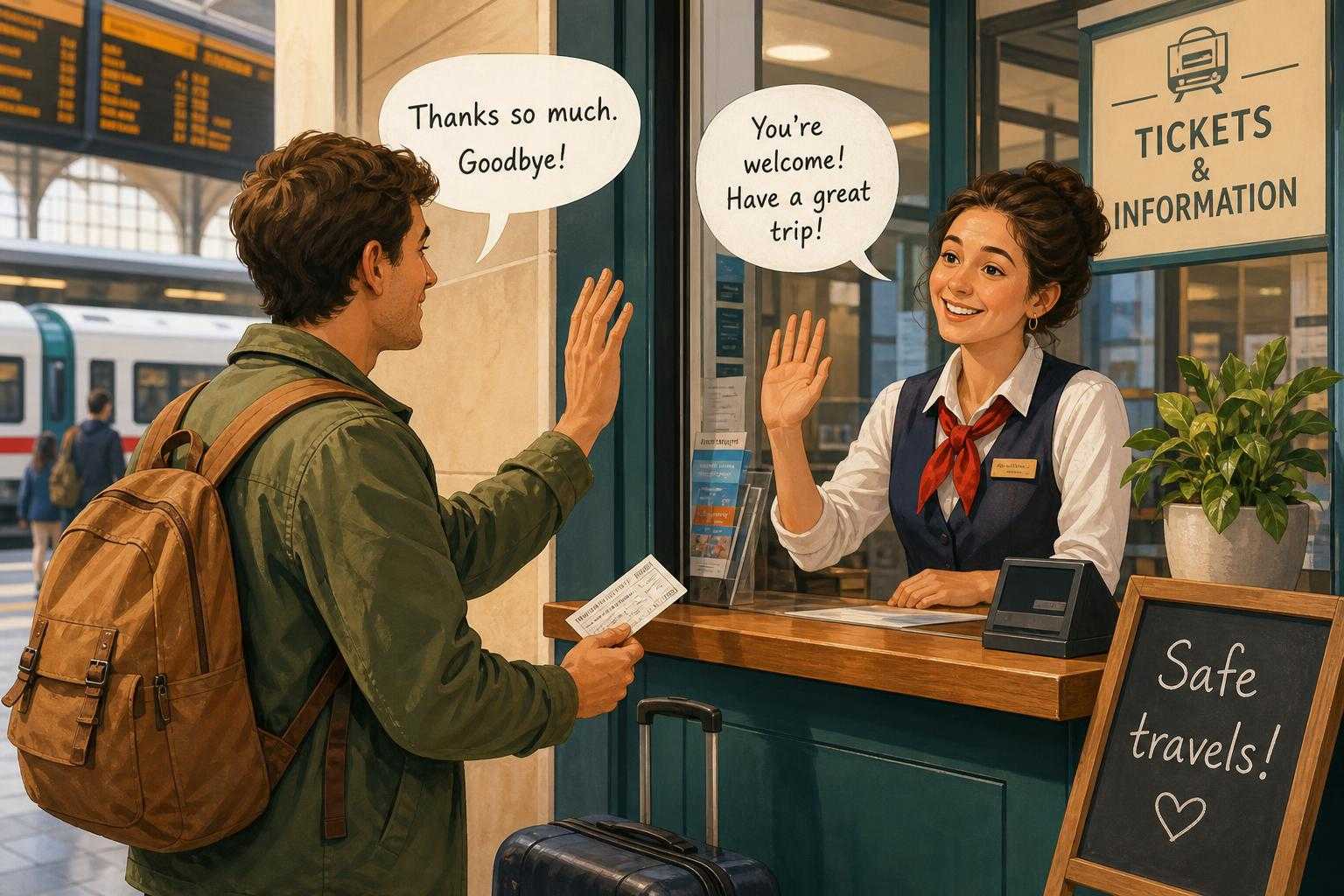 Illustration of polite Italian goodbyes during a simple travel conversation.
