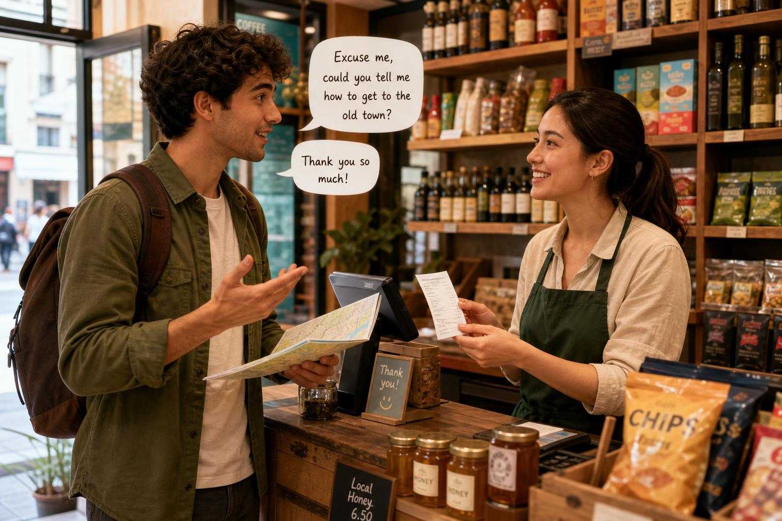 Illustration of a polite request in an Italian shop