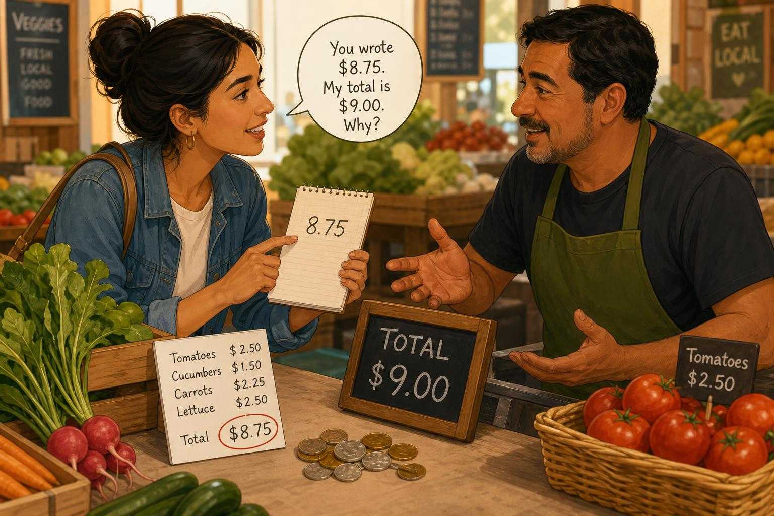 Illustrated market scene for asking and confirming prices in Italian