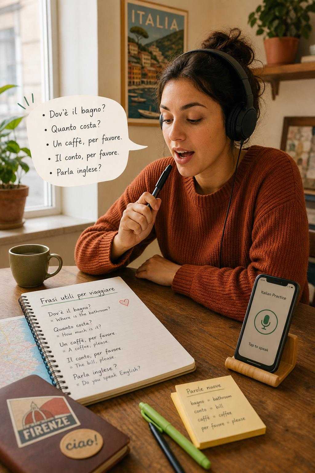 Illustration of a beginner doing low-pressure Italian shadowing and speaking practice in a quiet room