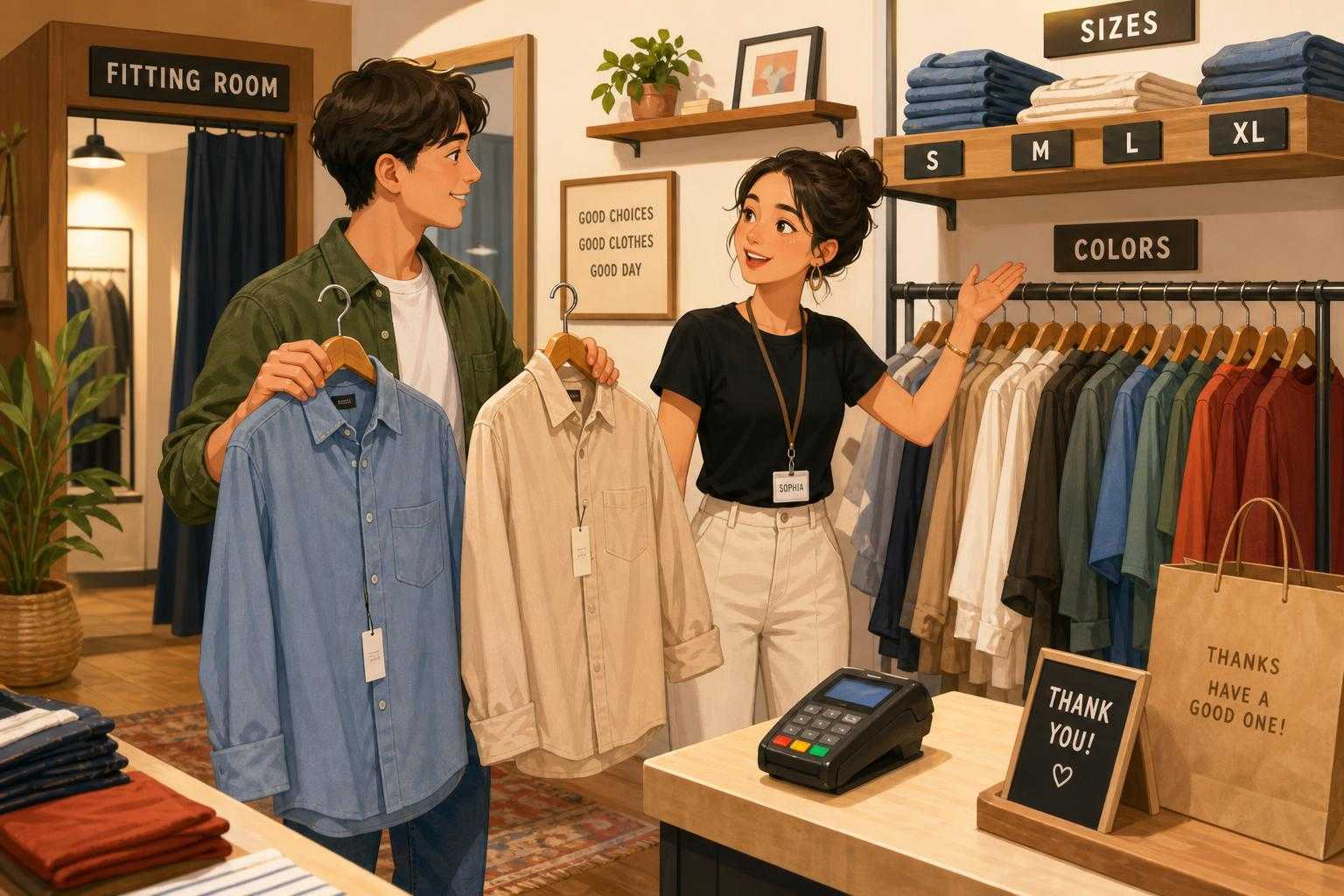 Customer asking about sizes and colors in an Italian clothing store