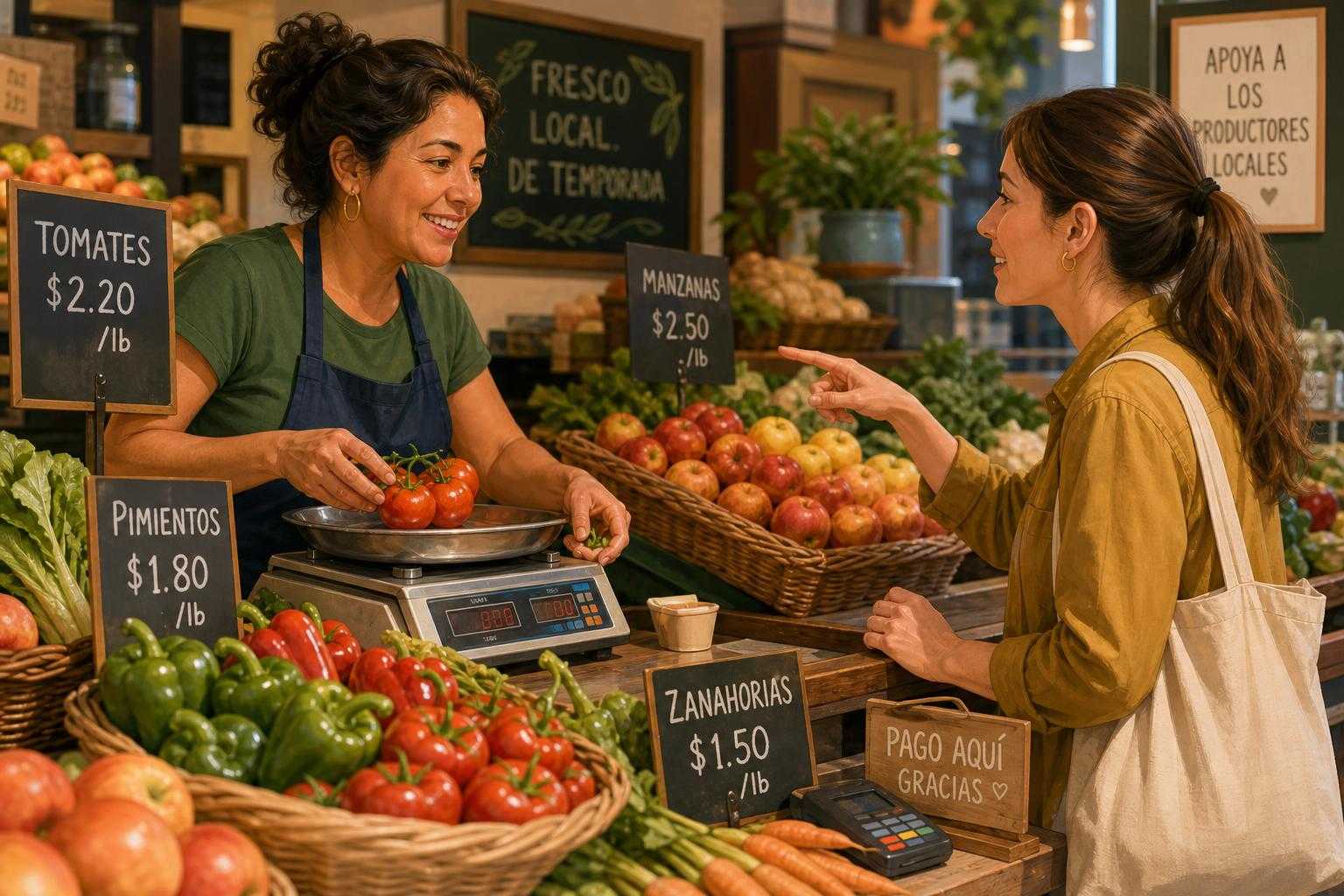 Customer asking about prices and quantities at an Italian food market