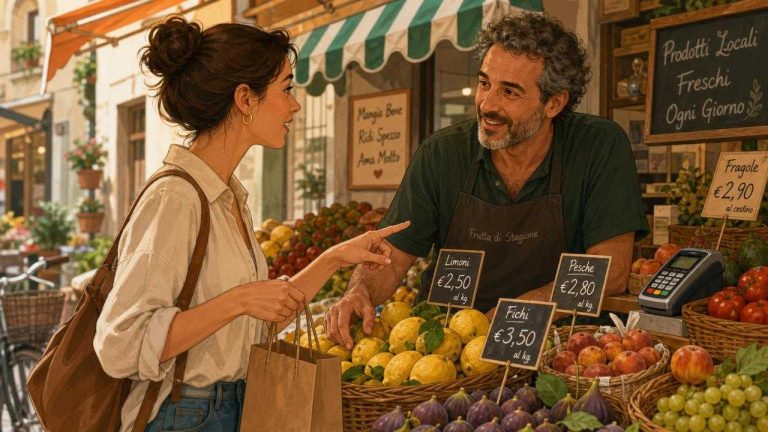 Traveler using Italian shopping phrases at a market stall in Italy
