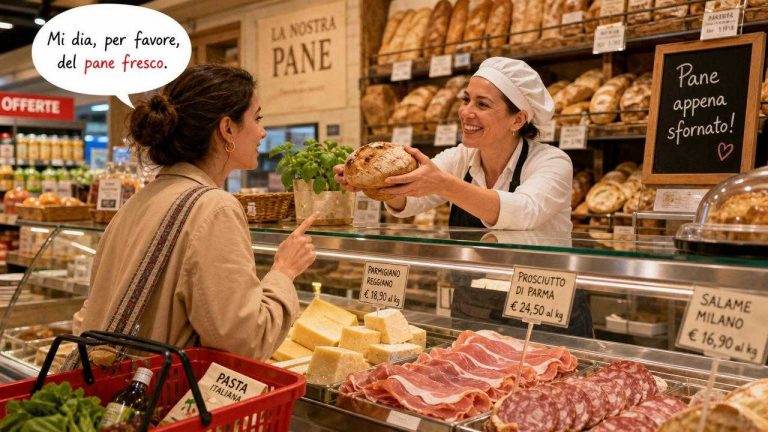 Illustrated scene of Italian supermarket, bakery, and deli counter shopping with bread, cheese, and counter service.