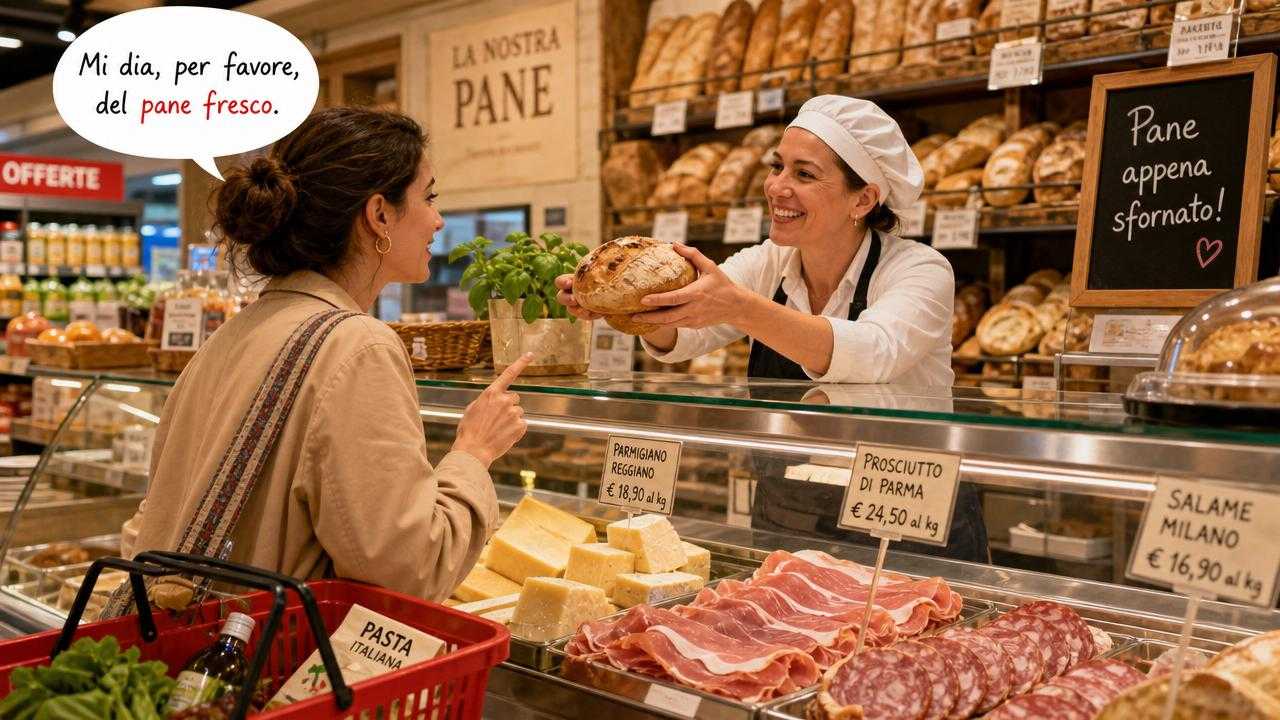 Illustrated scene of Italian supermarket, bakery, and deli counter shopping with bread, cheese, and counter service.