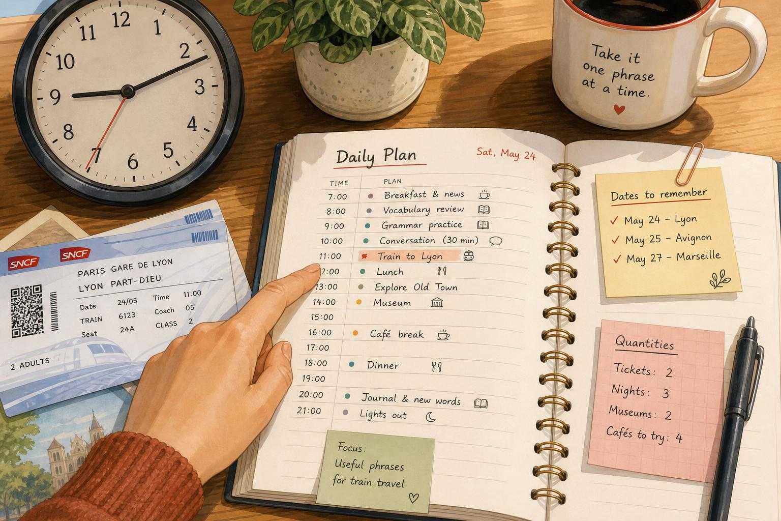 Illustrated planning scene for telling time, dates, and quantities in Italian