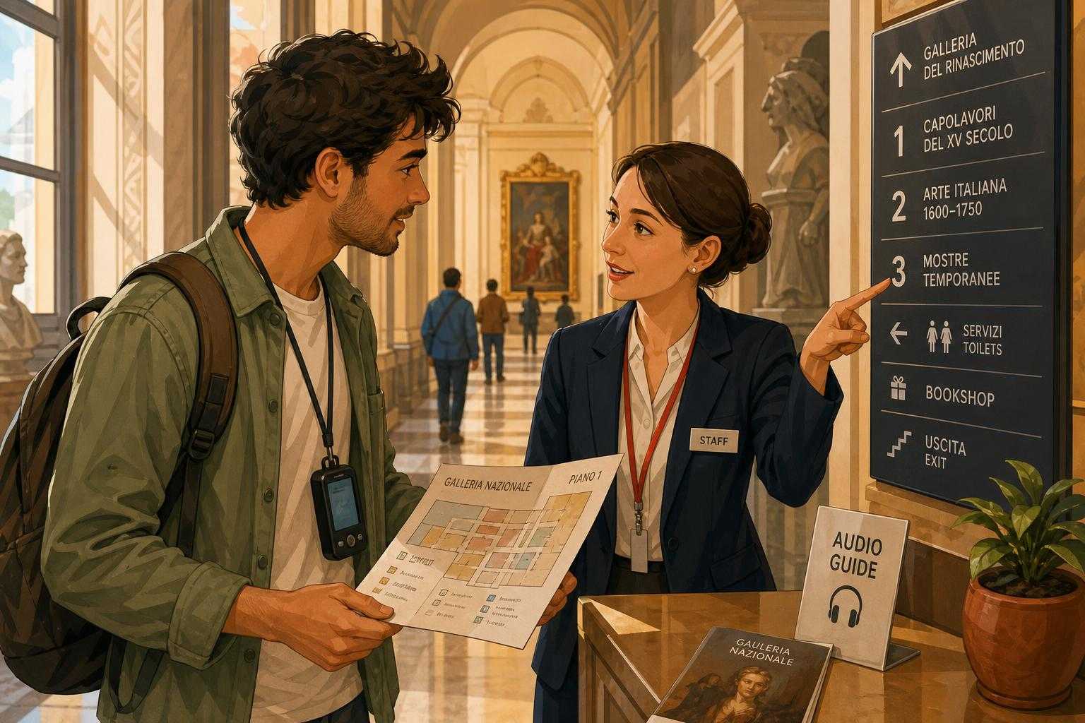 Illustrated museum interior with a traveler asking for directions and using an audio guide in Italy