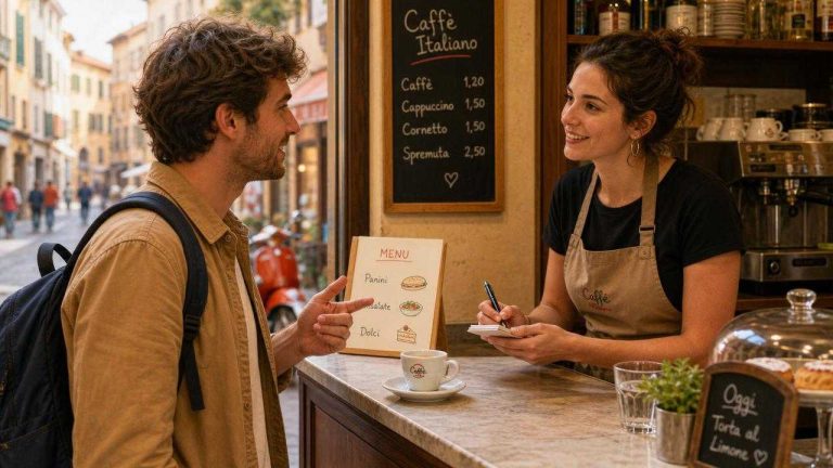 Illustration of a traveler politely ordering coffee in an Italian café