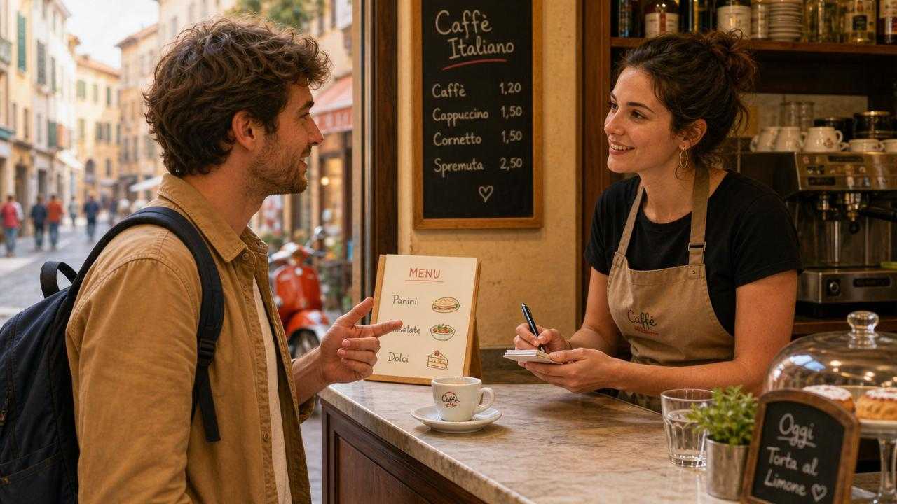 Illustration of a traveler politely ordering coffee in an Italian café