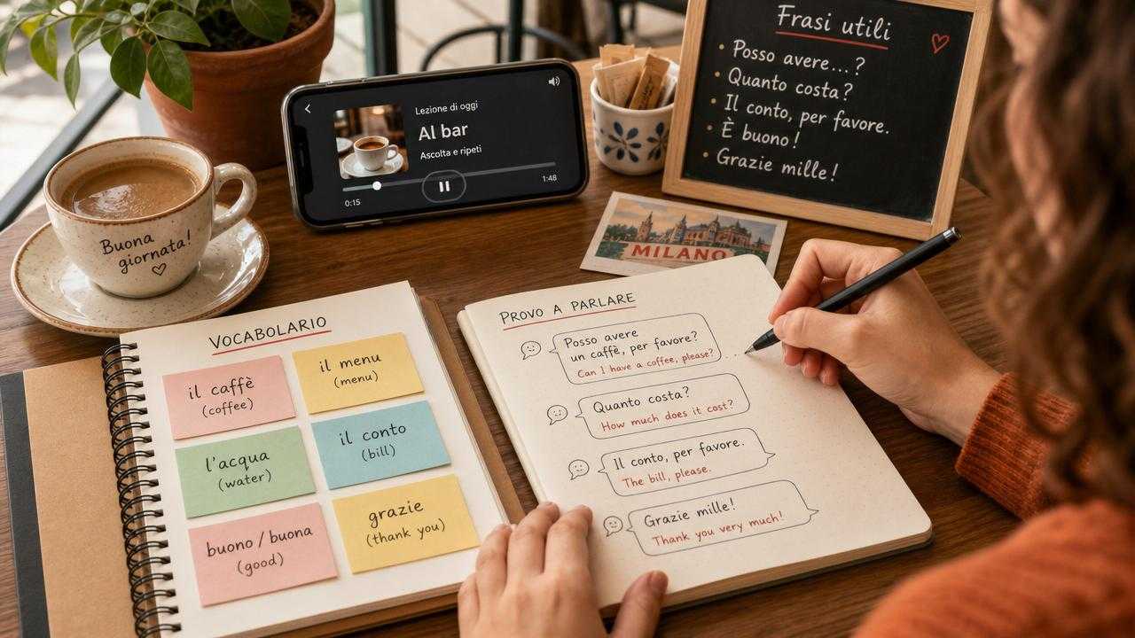 Illustration of a learner practicing Italian for ten minutes with flashcards, a phone audio lesson, and a notebook on a desk