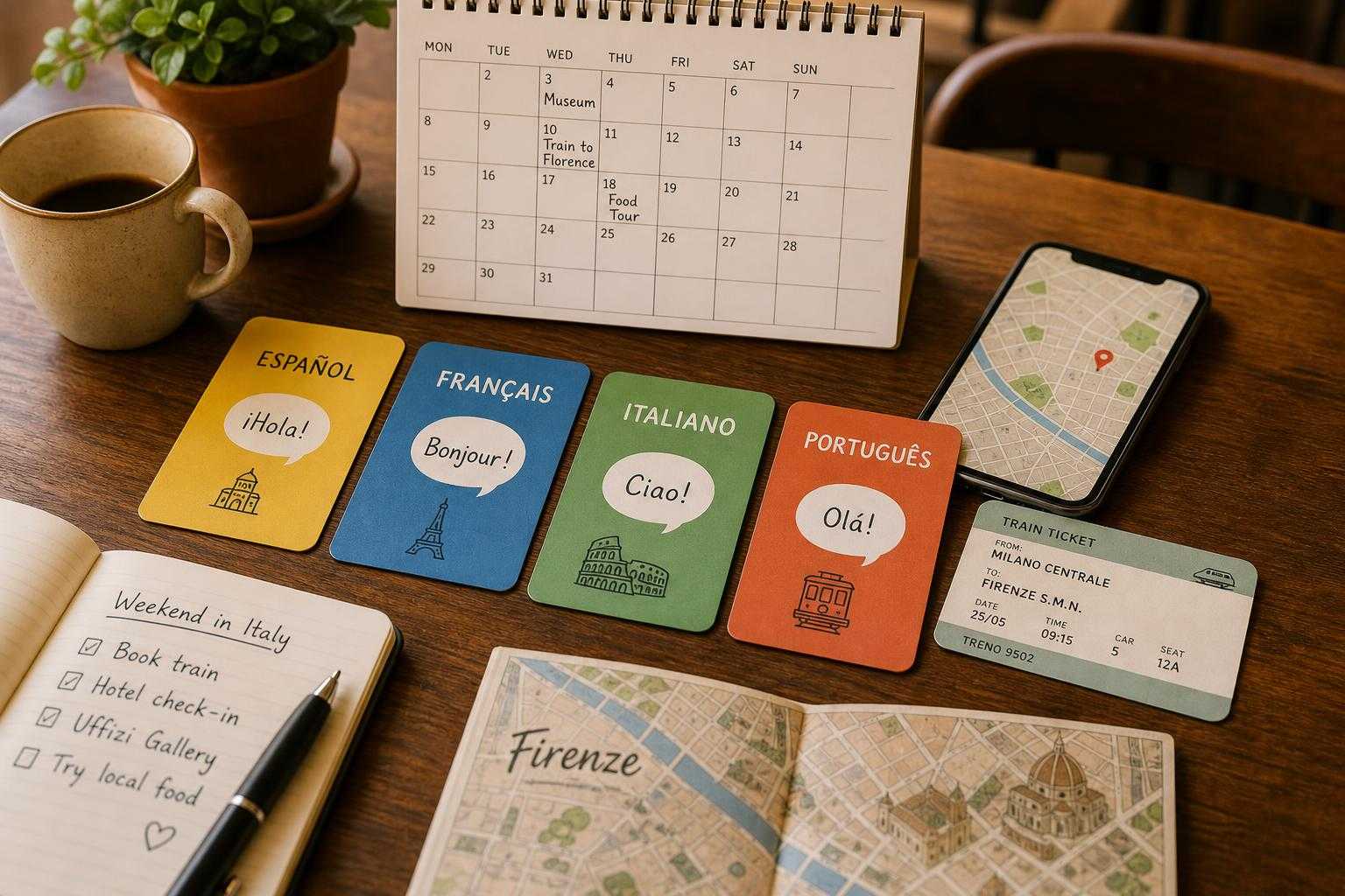Travel planning desk with language cards for Spanish, French, Italian, and Portuguese