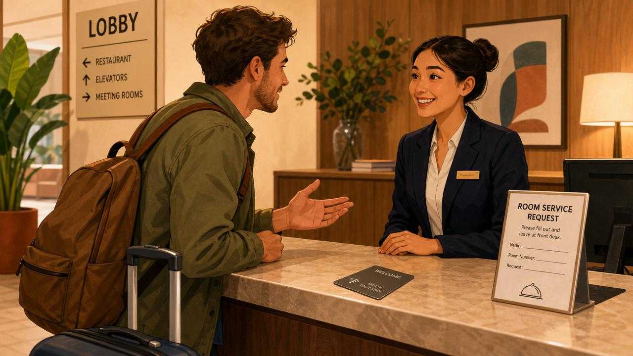 Traveler checking in at a hotel front desk while asking for basic Spanish travel help.