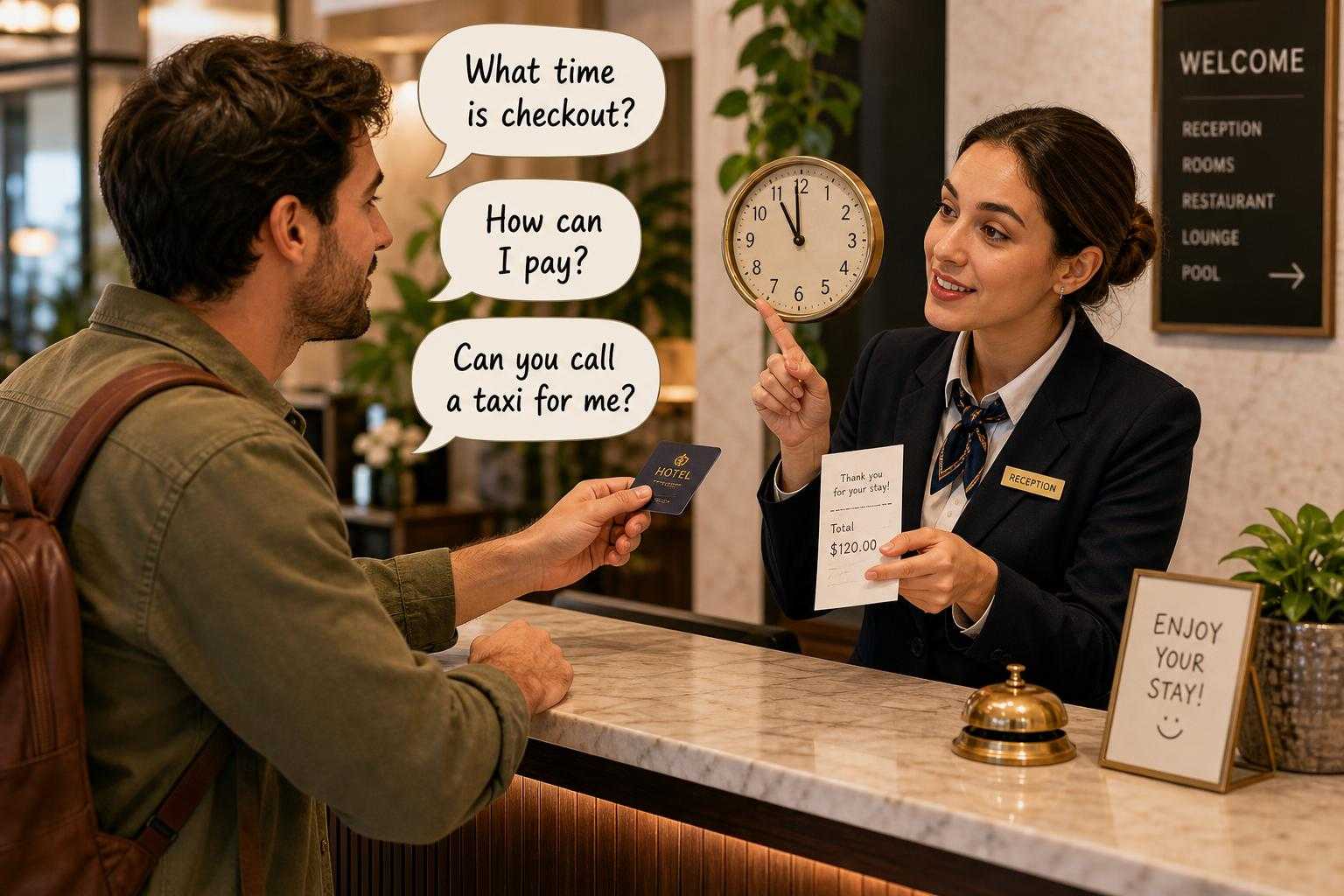 Hotel checkout illustration showing polite Spanish phrases for payment and departure.