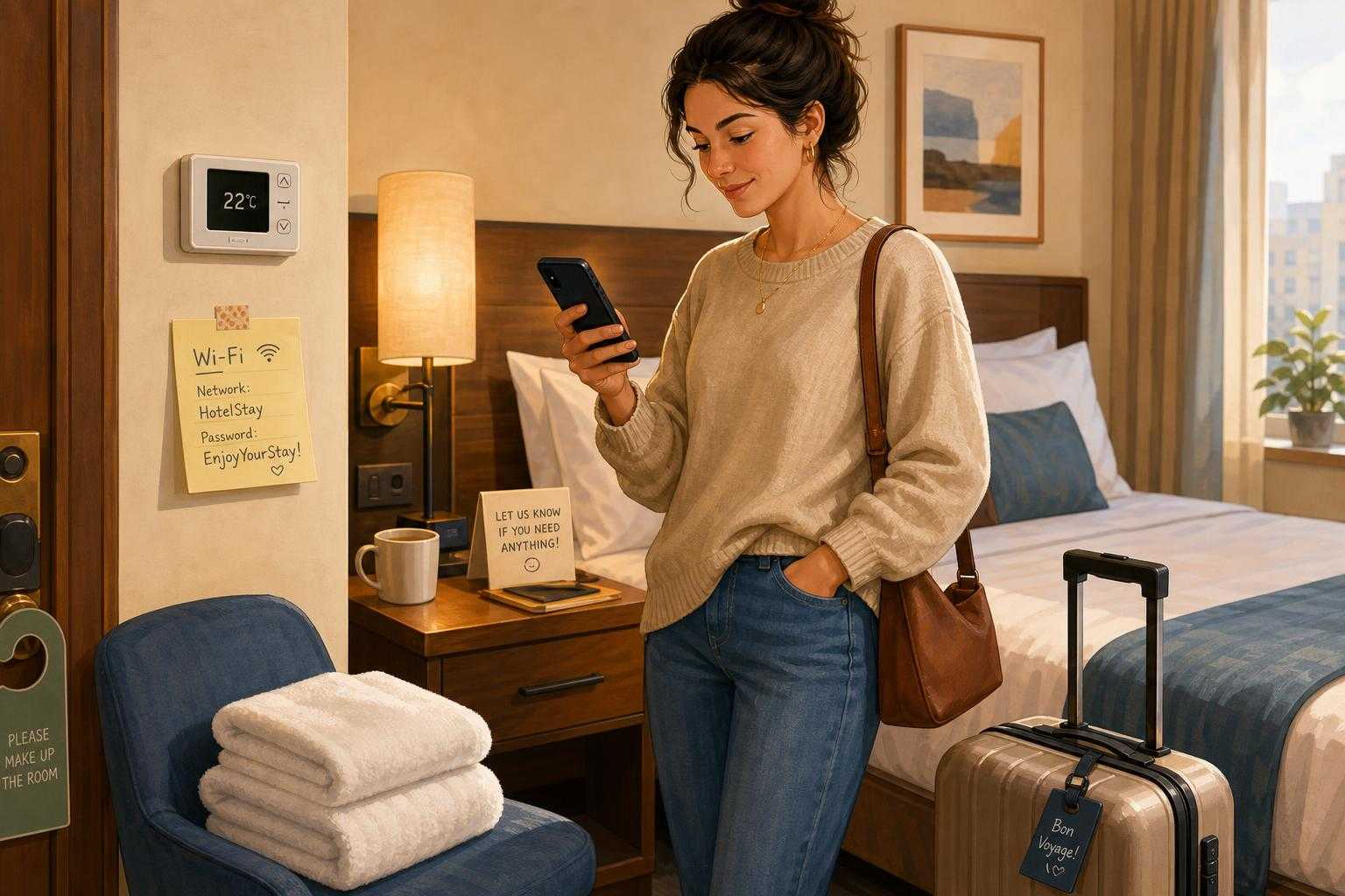 Hotel room illustration showing common guest requests like Wi-Fi, towels, and room help.
