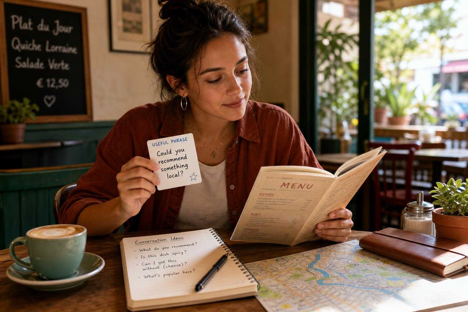 Traveler using a phrase card at a café table with a menu and notebook