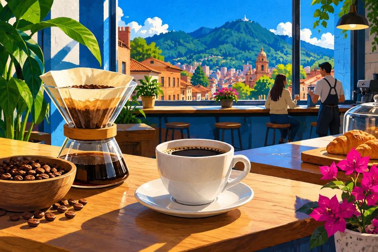 A cup of black coffee and a pour-over dripper on a café counter, with two people by a window overlooking brick buildings and green hills.