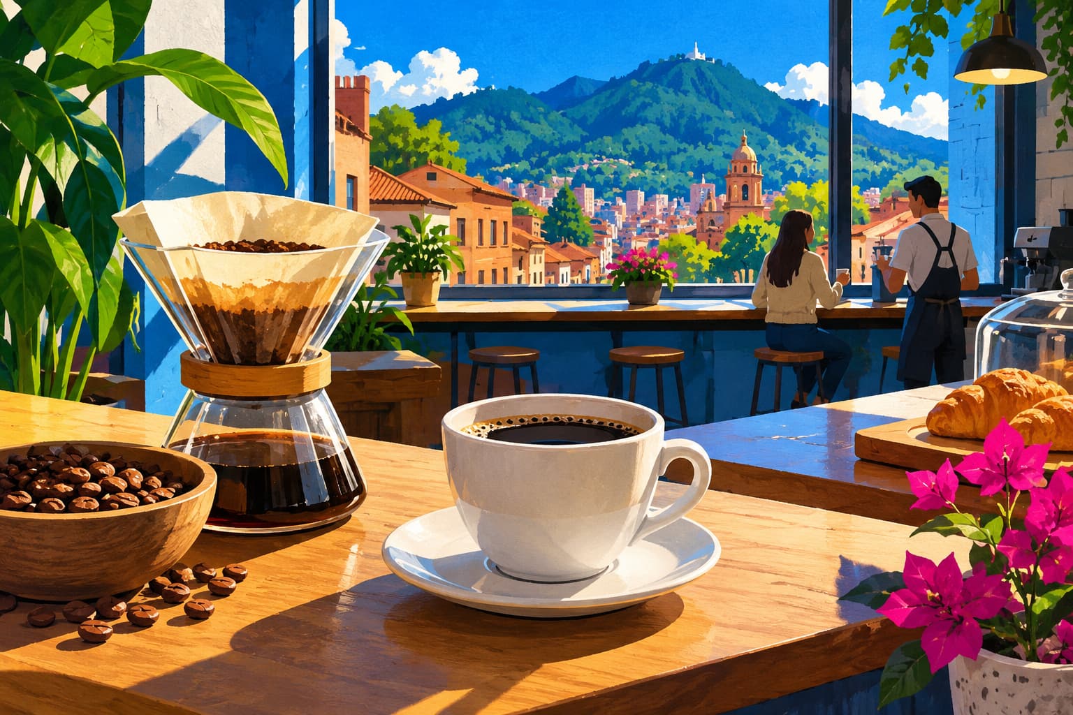 A cup of black coffee and a pour-over dripper on a café counter, with two people by a window overlooking brick buildings and green hills.