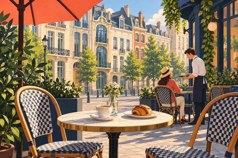 Coffee cup and pastry on a Brussels café terrace, with a guest and server beside tall townhouses.