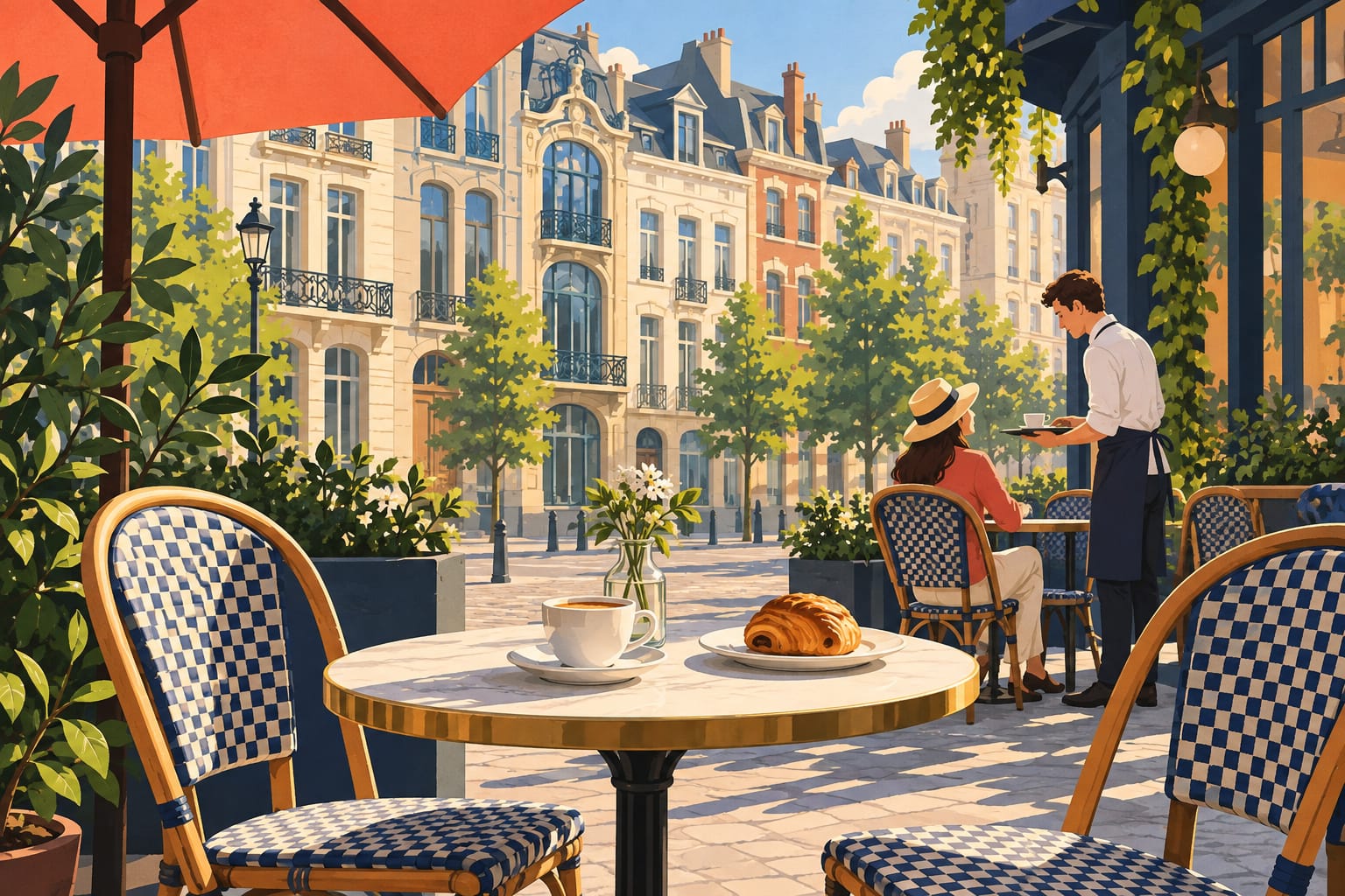 Coffee cup and pastry on a Brussels café terrace, with a guest and server beside tall townhouses.