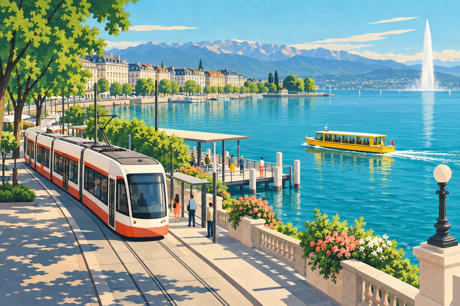 Illustration of a white and red tram beside a Geneva lakeside stop, with a yellow shuttle boat crossing the water.