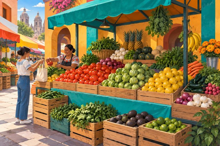 Shopper and vendor at a colourful produce stall with tomatoes, green tomatillos, citrus, and other fruit and vegetables.